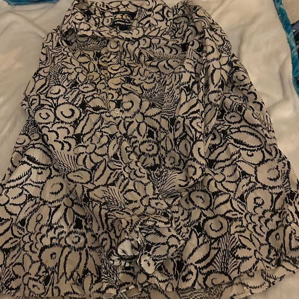 Lands' End Black and Cream Floral Button-Front Blouse